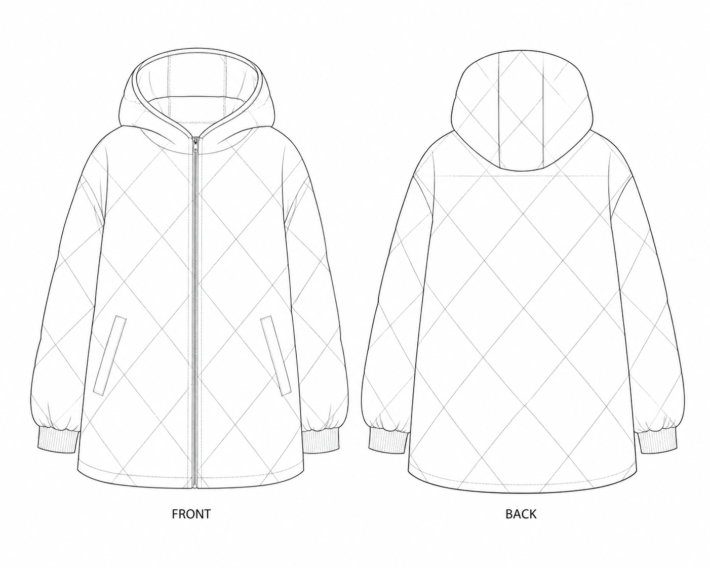 909 Coat Sewing Pattern | Women's Diamond Quilted Coat front and back technical drawing