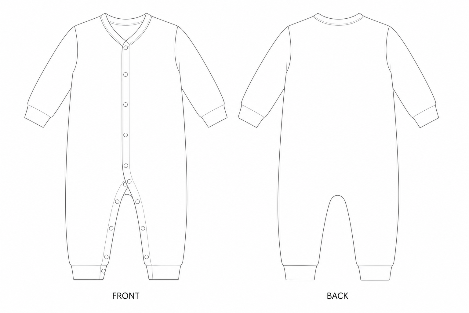 9B4053 Baby Romper Sewing Pattern | Baby button-crotch romper front and back technical drawing