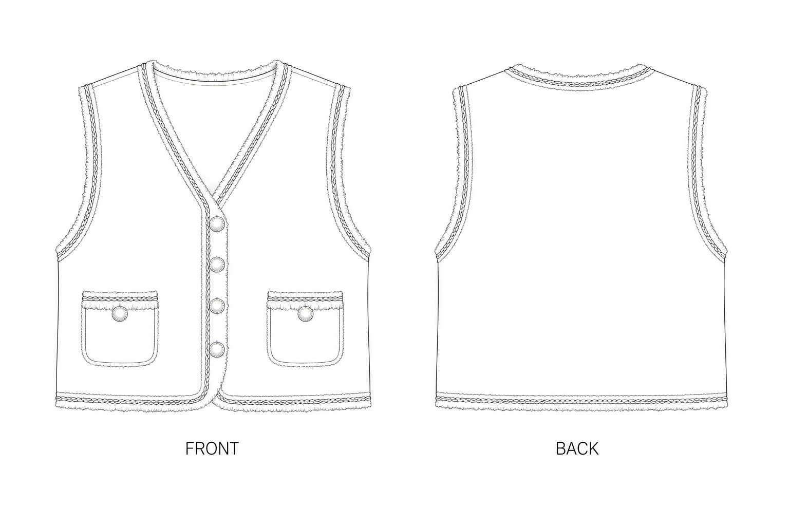 B-002 Vest Sewing Pattern front and back technical drawing