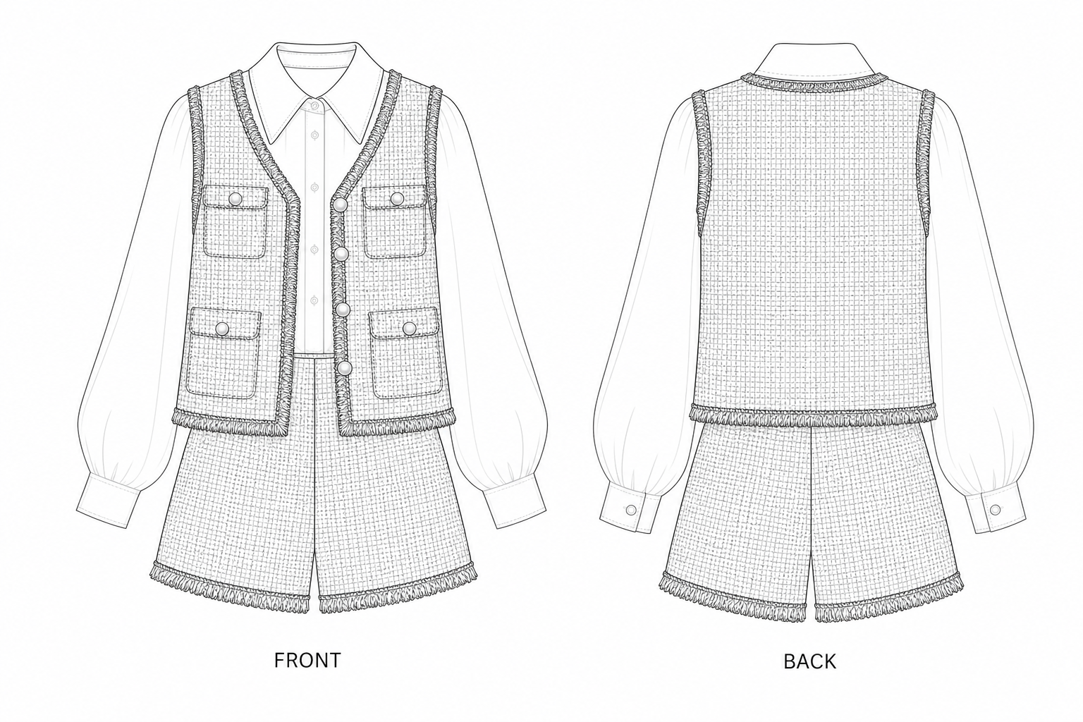 B-005 Set Sewing Pattern front and back technical drawing
