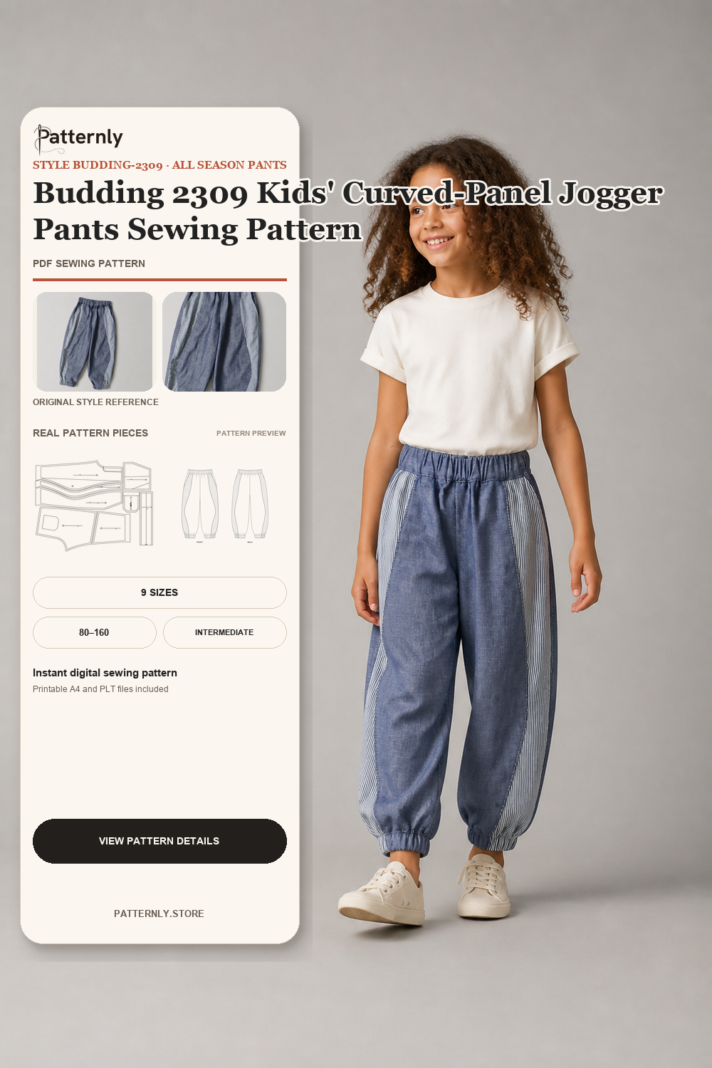 Budding 2309 Kids' Curved-Panel Jogger Pants Sewing Pattern BUDDING-2309 cover