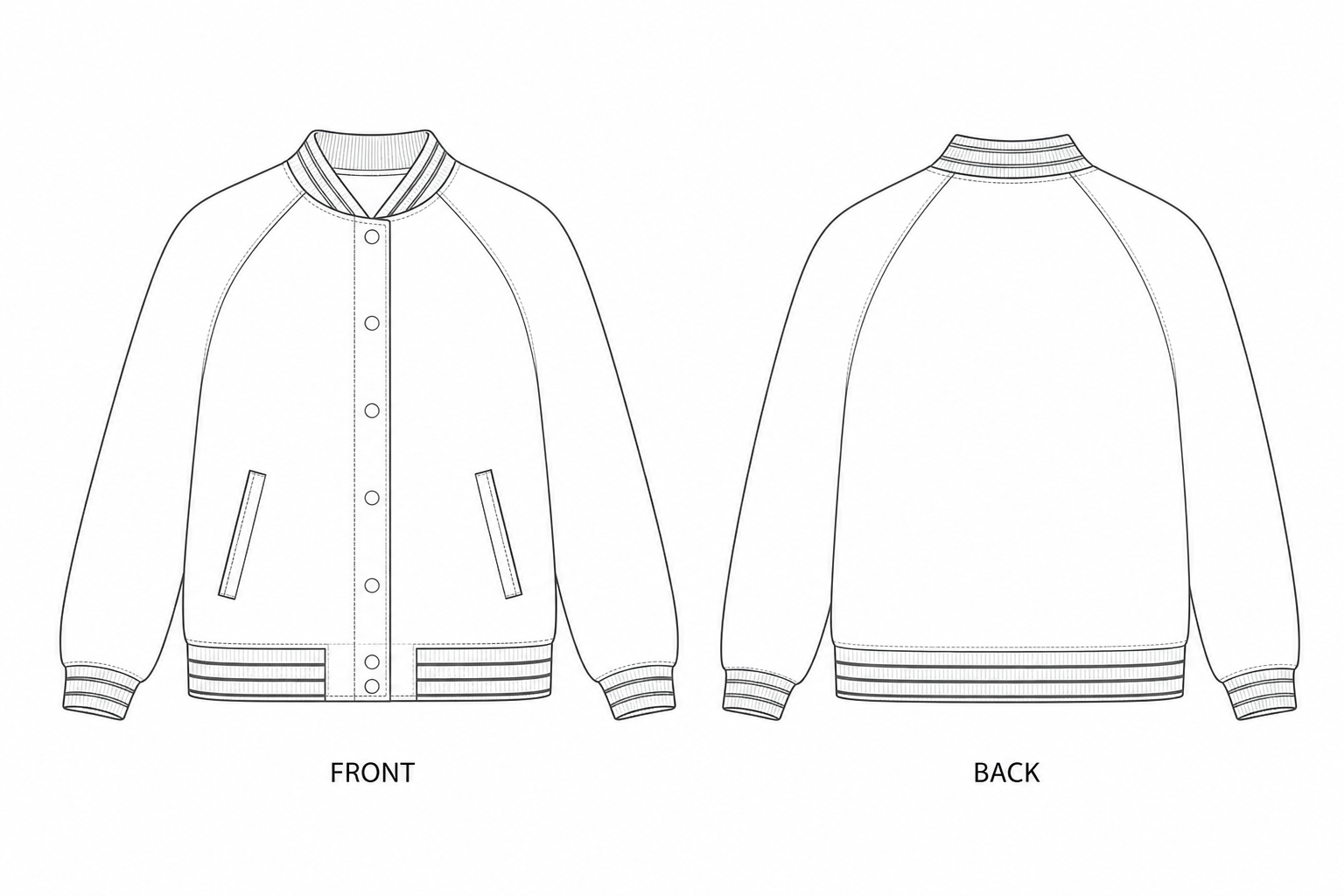 CF18D0 Jacket Sewing Pattern | Women's Color Block Varsity Jacket front and back technical drawing