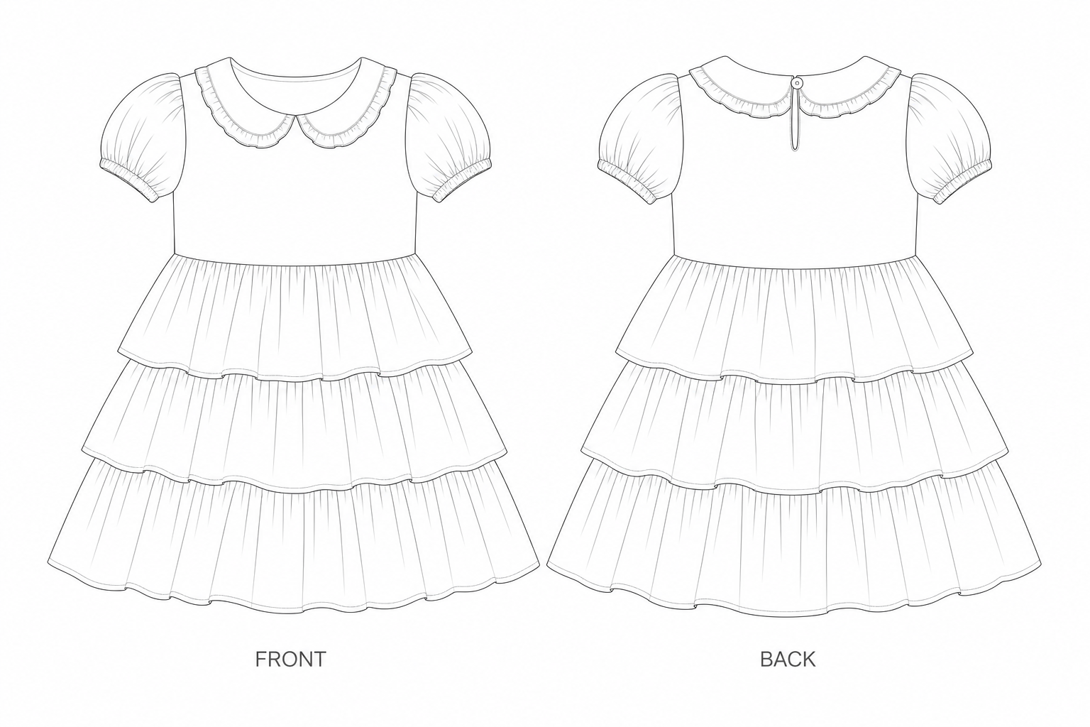 F-039 Dress Sewing Pattern | Girls Tiered Floral Party Dress front and back technical drawing