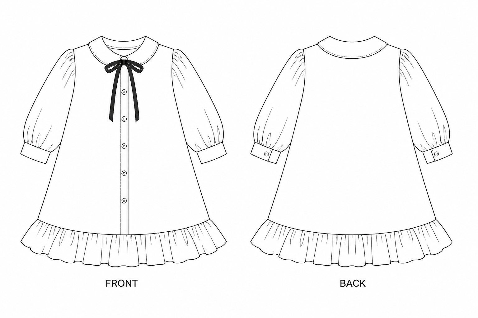 JL-006 Dress Sewing Pattern front and back technical drawing