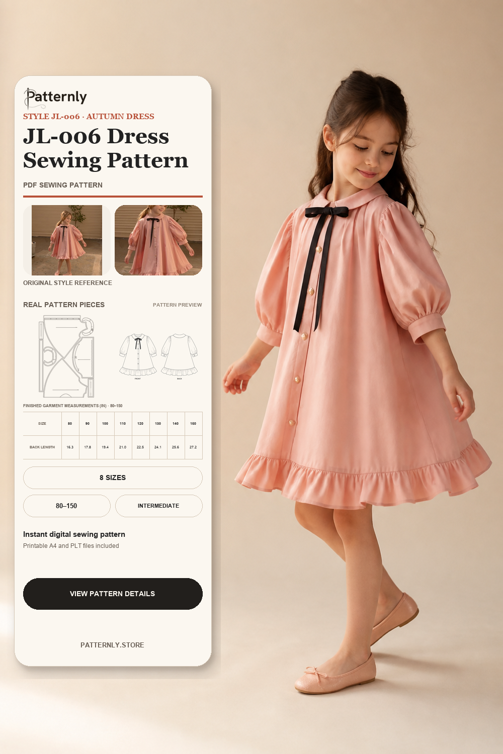 Children's Peter Pan Collar Puff-Sleeve Dress Sewing Pattern JL-006 cover