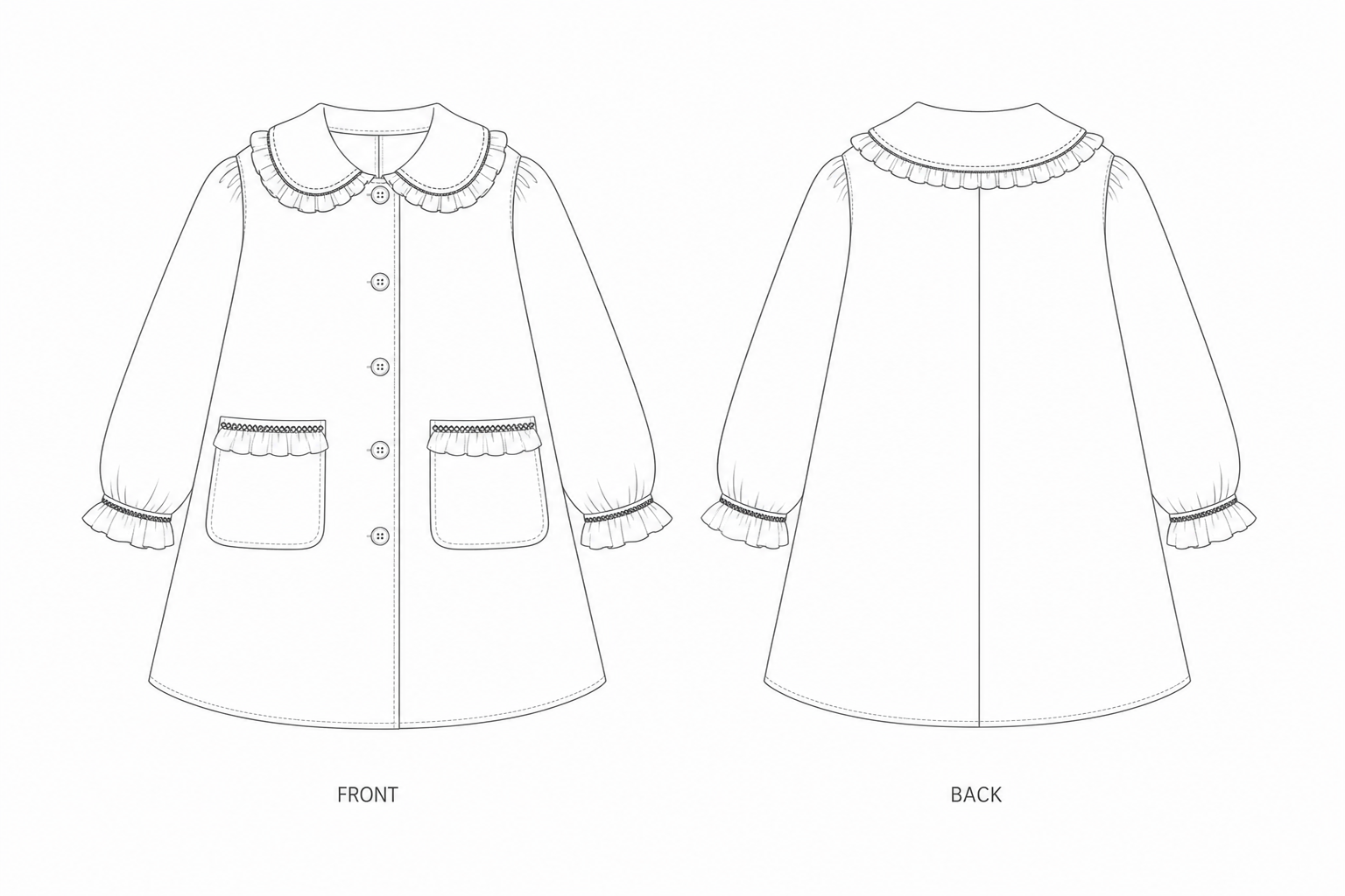 JL-010 Coat Sewing Pattern front and back technical drawing