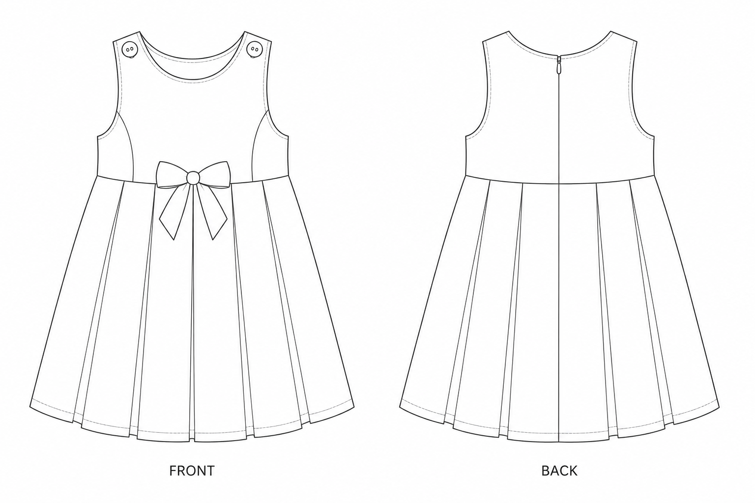 KTT-012 Dress Sewing Pattern | Girls' tartan pinafore dress front and back technical drawing