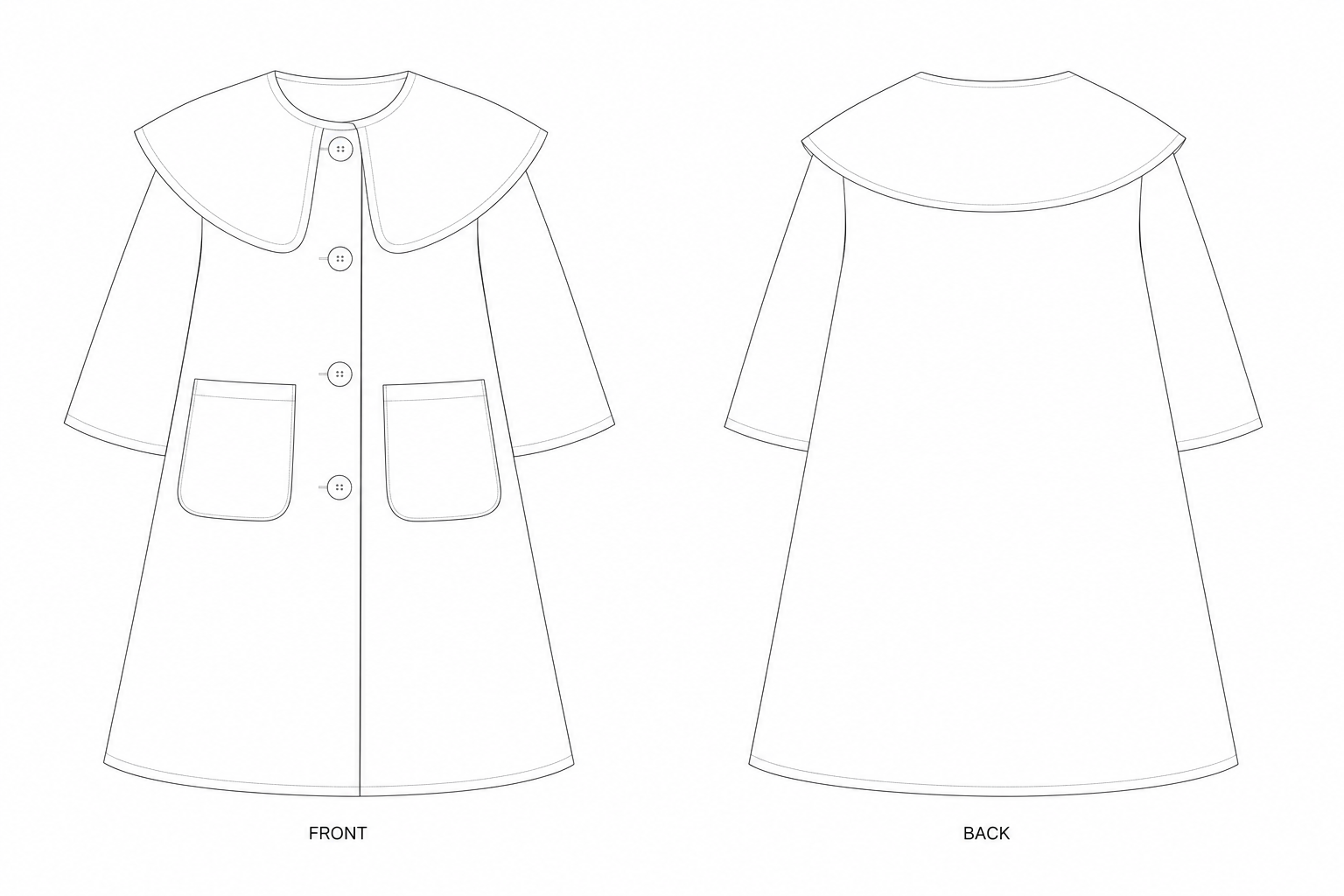 KTT-040 Dress Sewing Pattern | Girls' vintage cape-collar coat dress front and back technical drawing