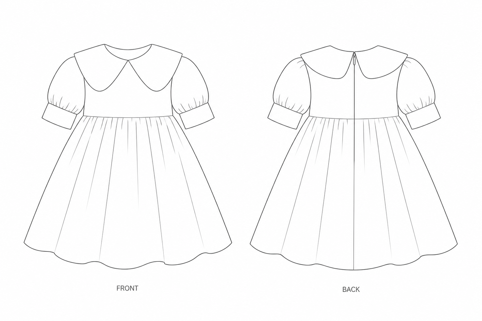 KTT-050 Dress Sewing Pattern | Girls' velvet Peter Pan collar party dress front and back technical drawing