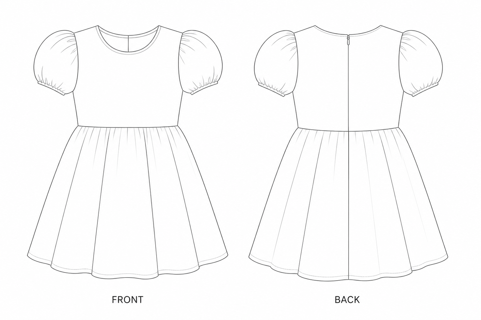 KTT-053 Sewing Pattern | Girls Pearl Embellished Velvet Party Dress front and back technical drawing