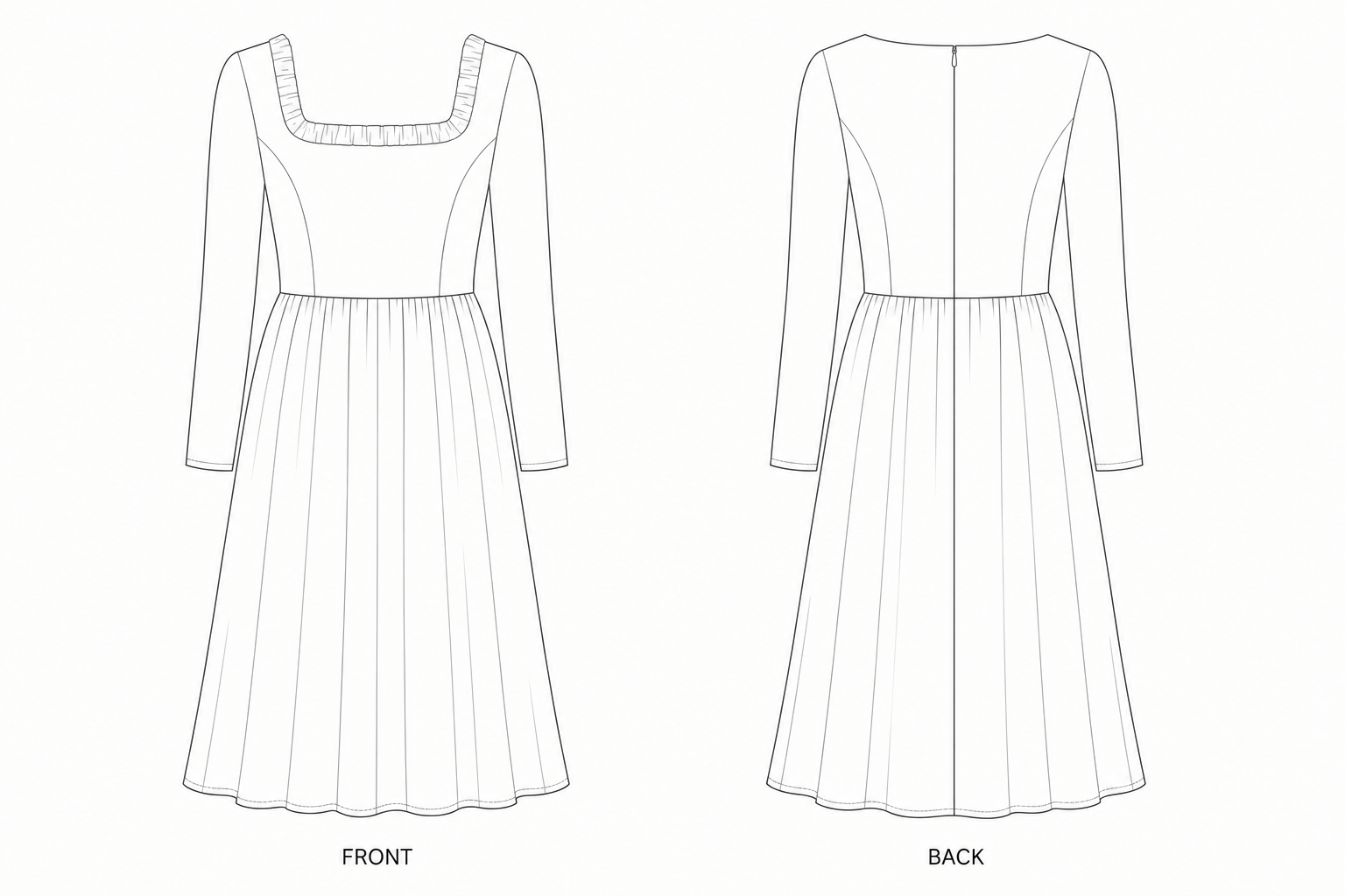KTT-056 Sewing Pattern | Women's Velvet Square Neck Midi Dress front and back technical drawing