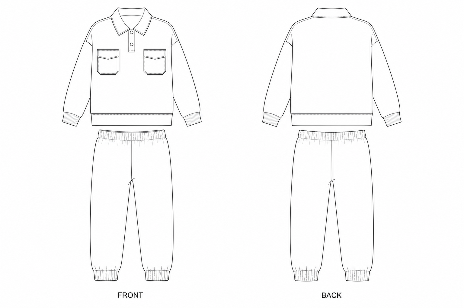 KTT-067 Sewing Pattern | Kids Polo Sweatshirt and Jogger Set front and back technical drawing