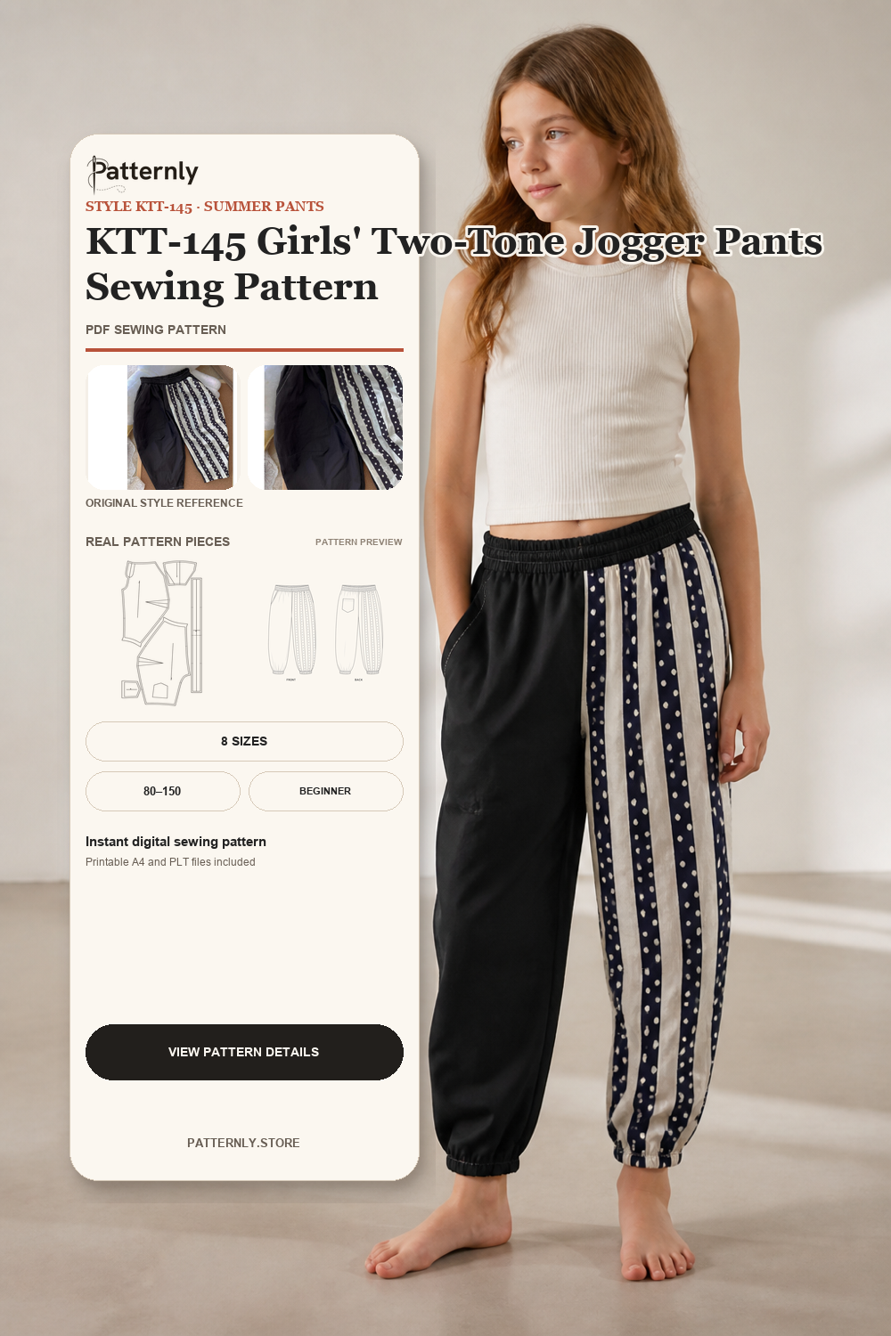 KTT-145 Girls' Two-Tone Jogger Pants Sewing Pattern cover