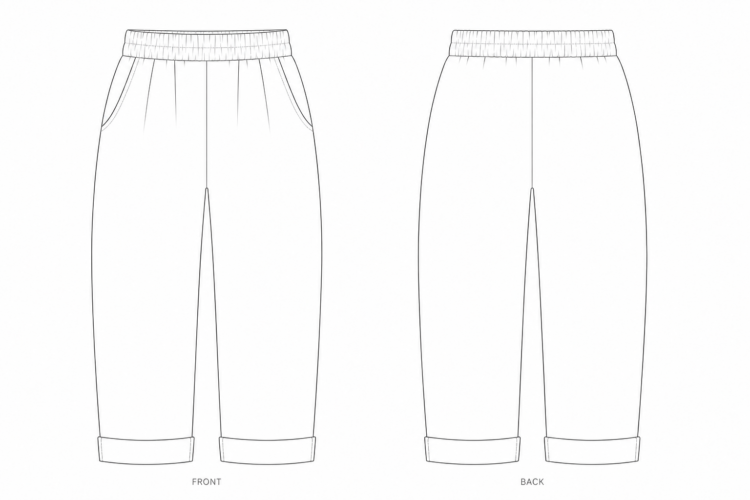 KTT-146 Pants Sewing Pattern | Girls' barrel-leg pants front and back technical drawing