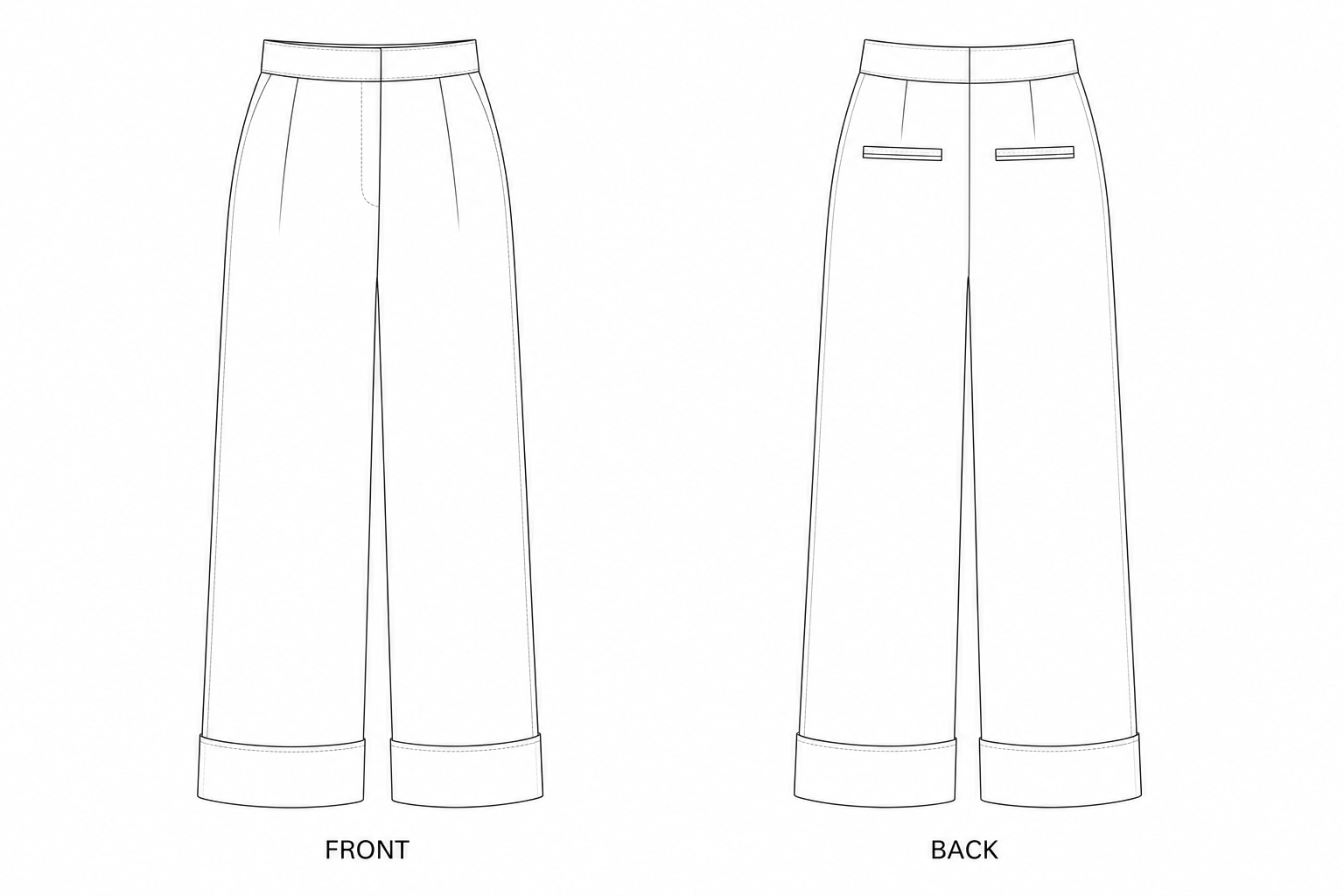 KTT-159 Women's Wide-Leg Tailored Trousers Sewing Pattern front and back technical drawing