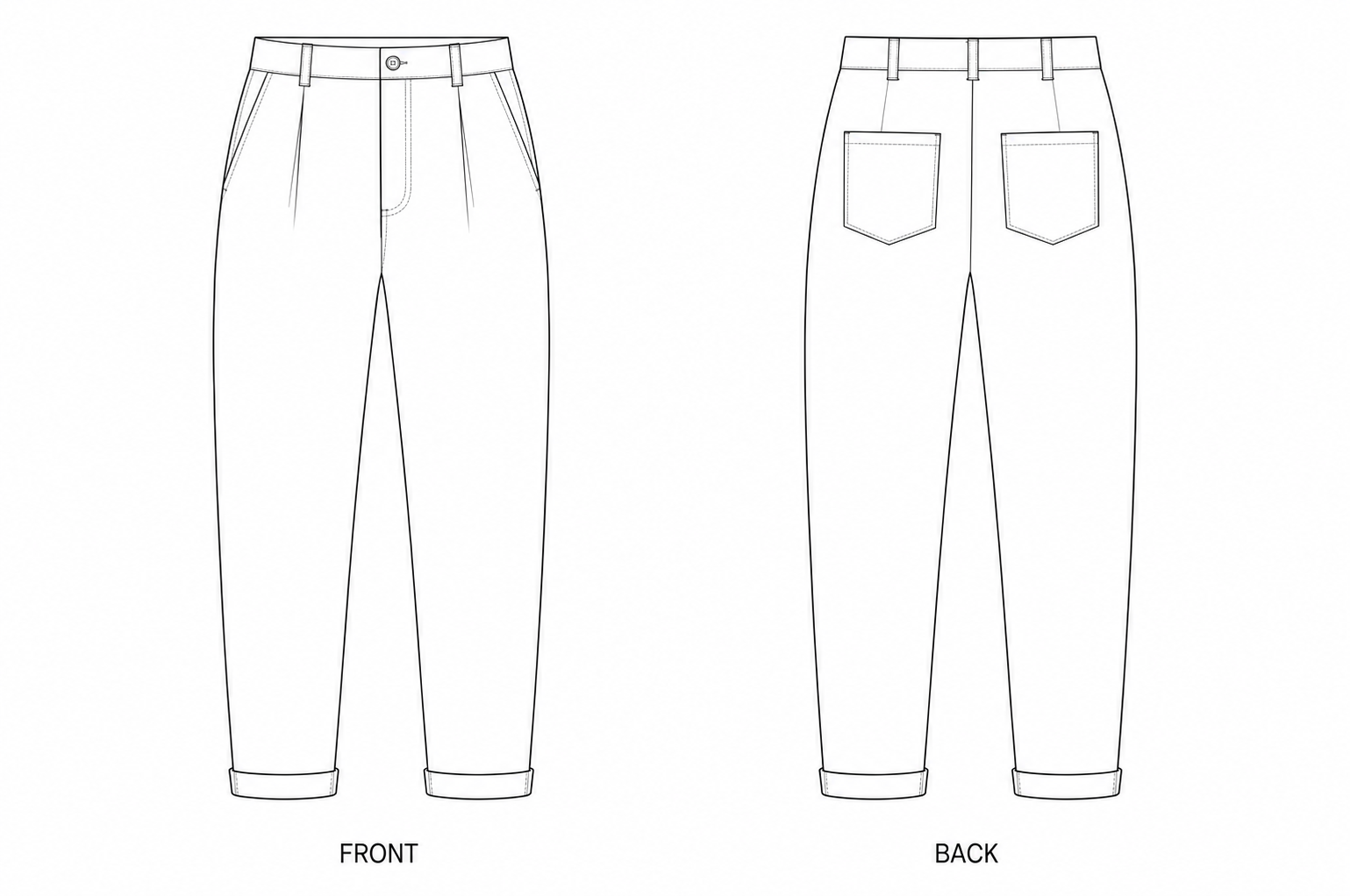 KTT-161 Women's Pleated Tapered Trousers Sewing Pattern front and back technical drawing