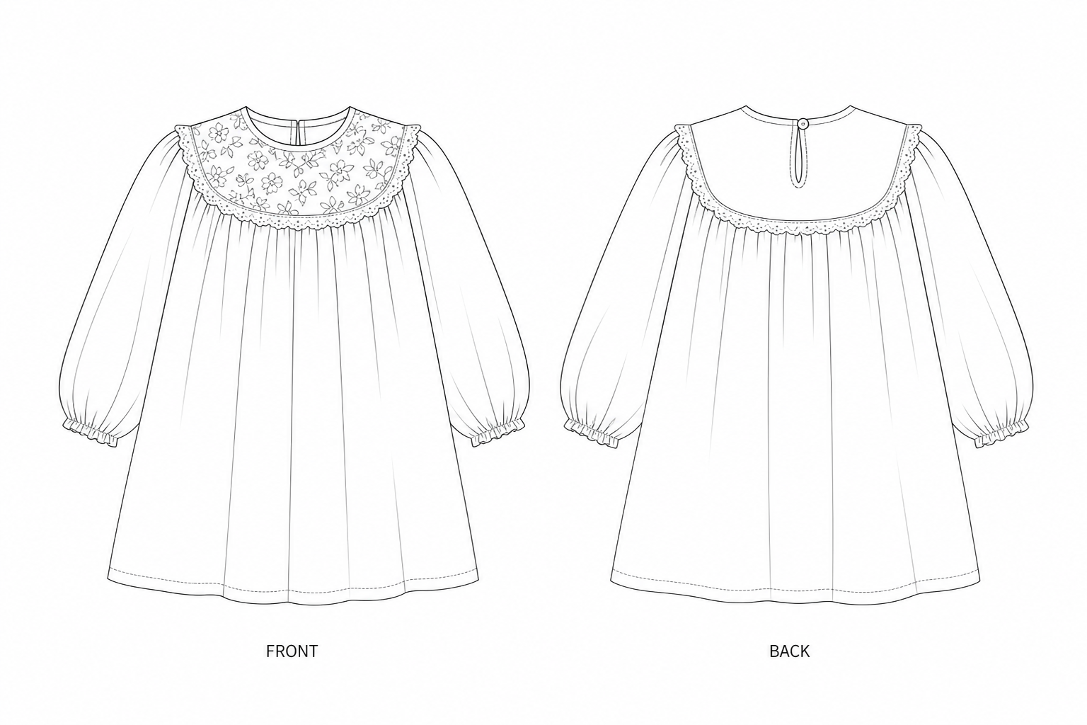 KTT-202 Dress Sewing Pattern front and back technical drawing