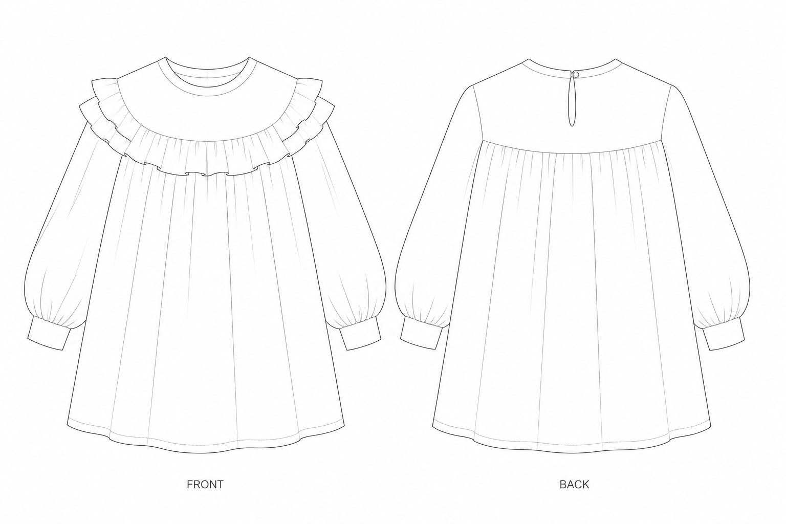 KTT-211 Dress Sewing Pattern | Girls' ruffle-yoke smock dress front and back technical drawing