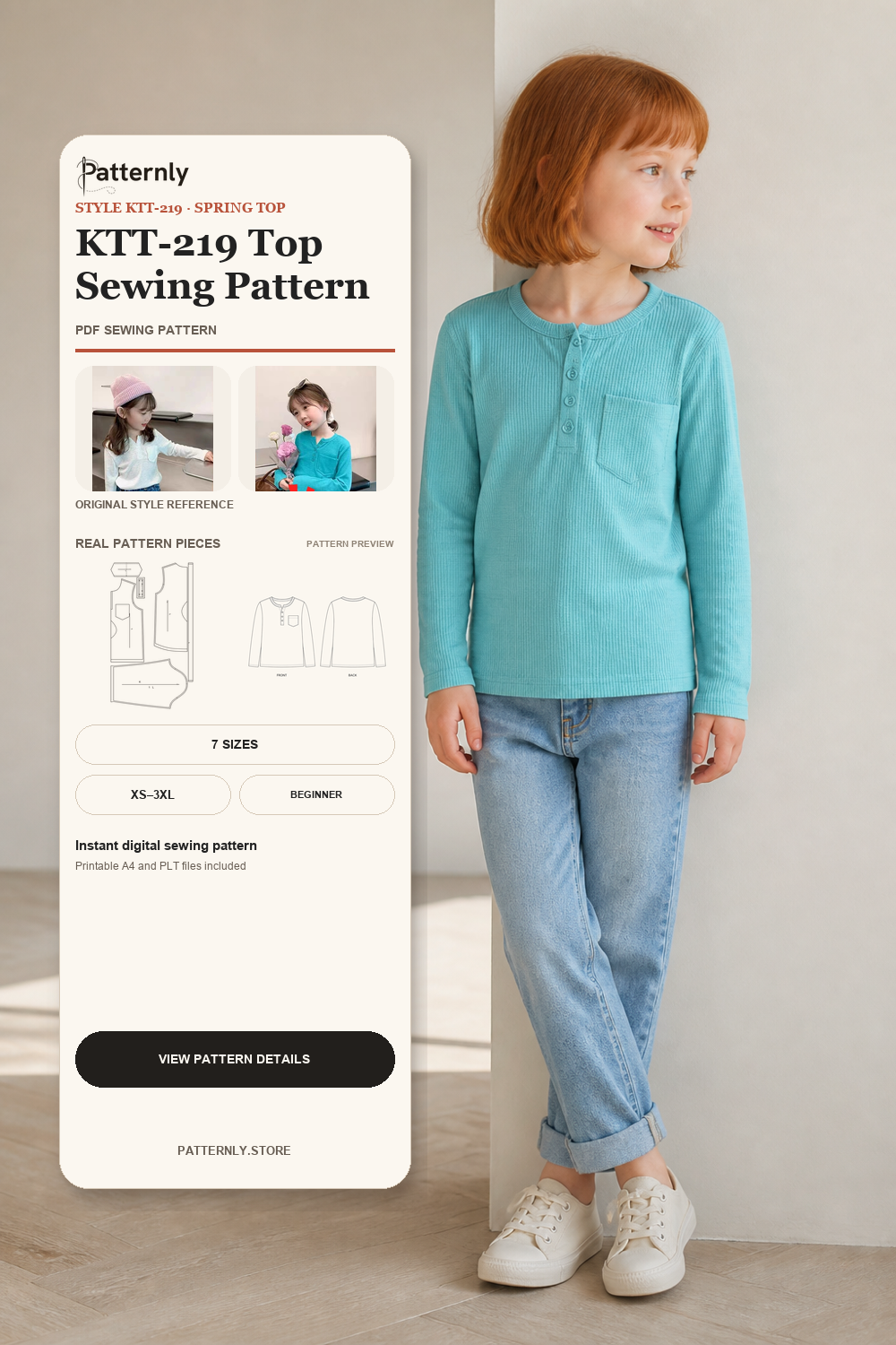 Women's Long-Sleeve Waffle Henley Top Sewing Pattern KTT-219 cover