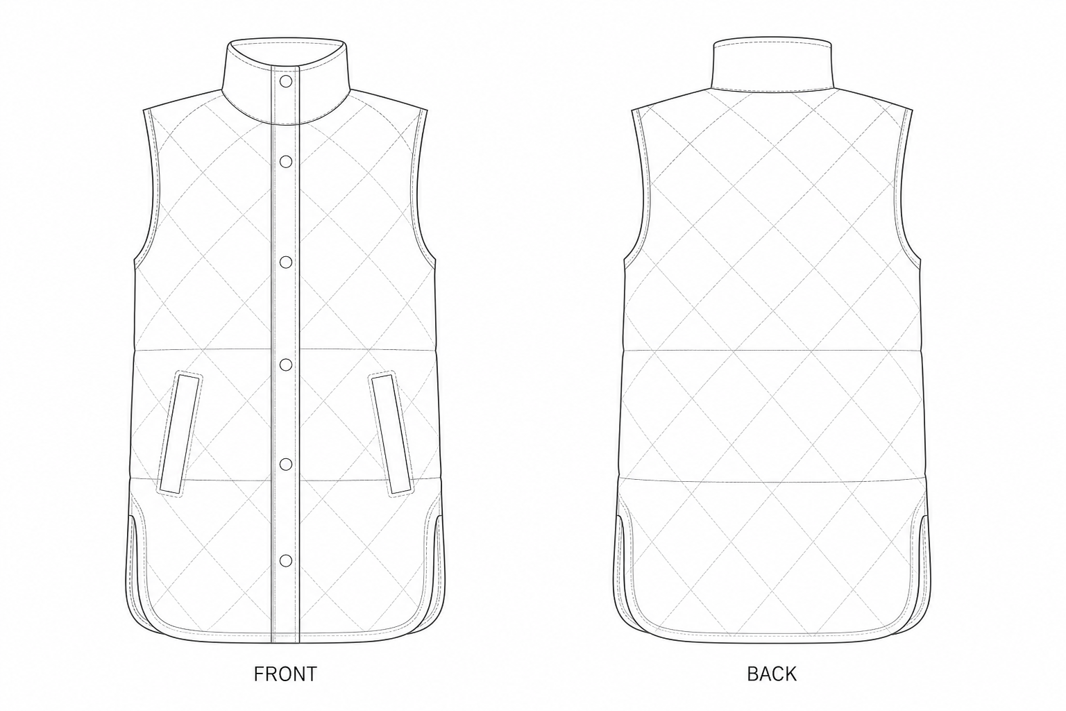 KTT-249 Vest Sewing Pattern | Women's Quilted Longline Vest front and back technical drawing