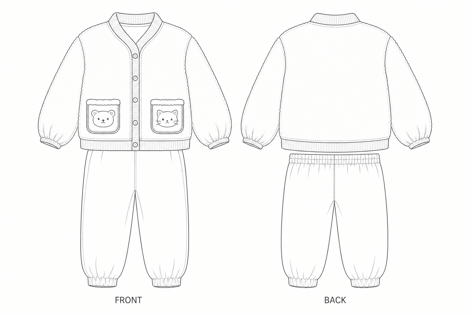 KTT-284 Sewing Pattern | Toddler Fleece Cardigan and Jogger Set front and back technical drawing