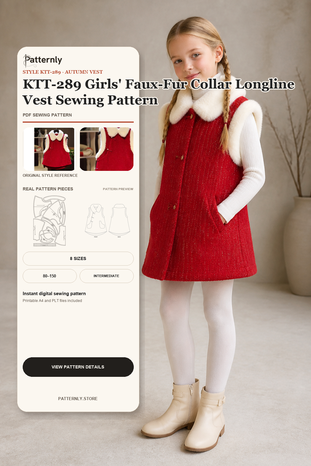 KTT-289 Girls' Faux-Fur Collar Longline Vest Sewing Pattern cover