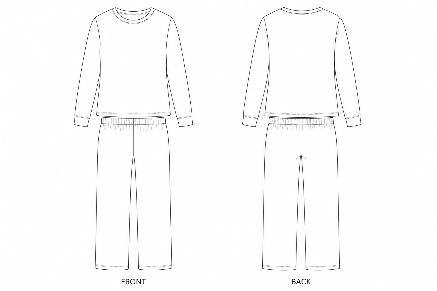 MM-024 Pajama Set Sewing Pattern front and back technical drawing