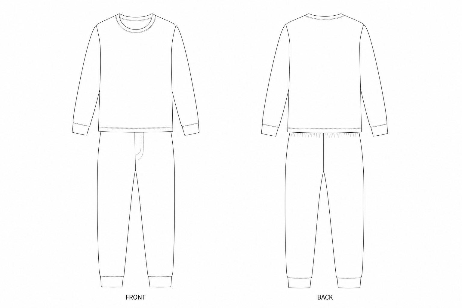 MM-025 Pajama Set Sewing Pattern | Men's Long Sleeve Pajama Set front and back technical drawing