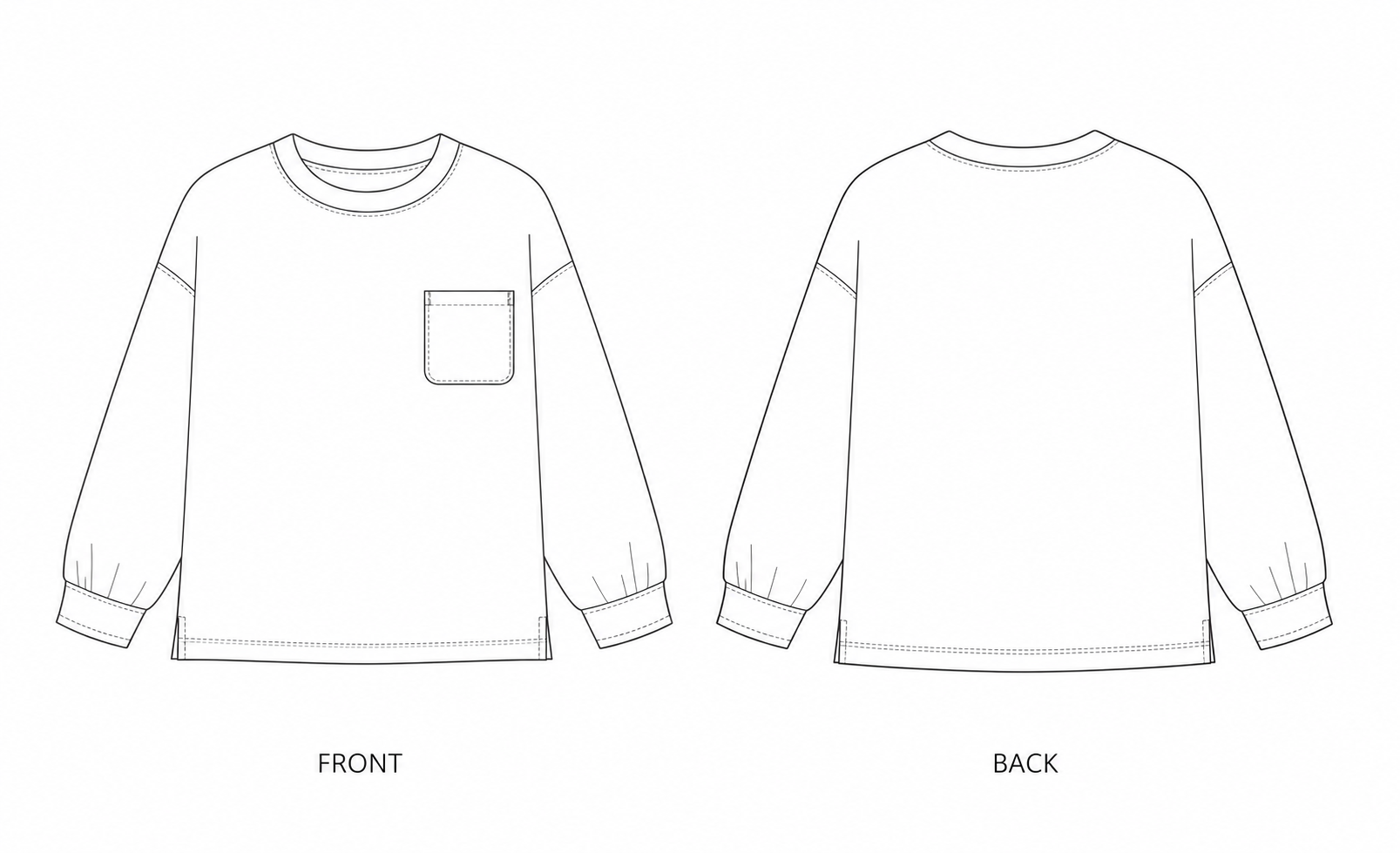 SY-22 Kids' Long-Sleeve T-Shirt Sewing Pattern front and back technical drawing