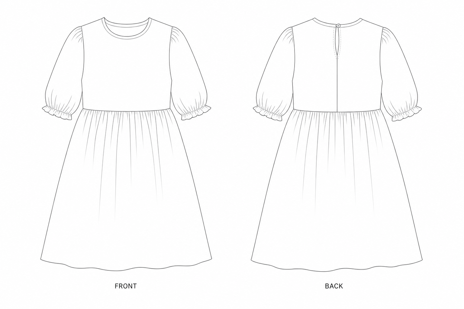 SY-23 Girls' Elbow-Sleeve Dress Sewing Pattern | Girls' elbow-sleeve dress front and back technical drawing