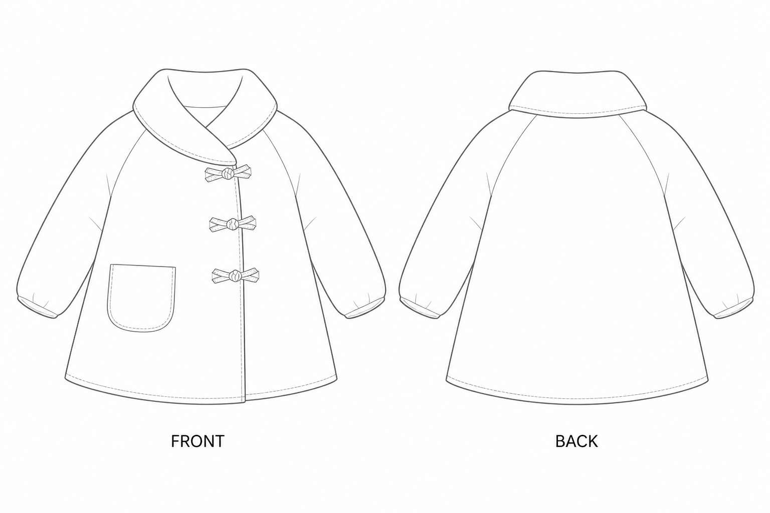 T-007 Coat Sewing Pattern | Baby Girls Padded Floral Coat front and back technical drawing