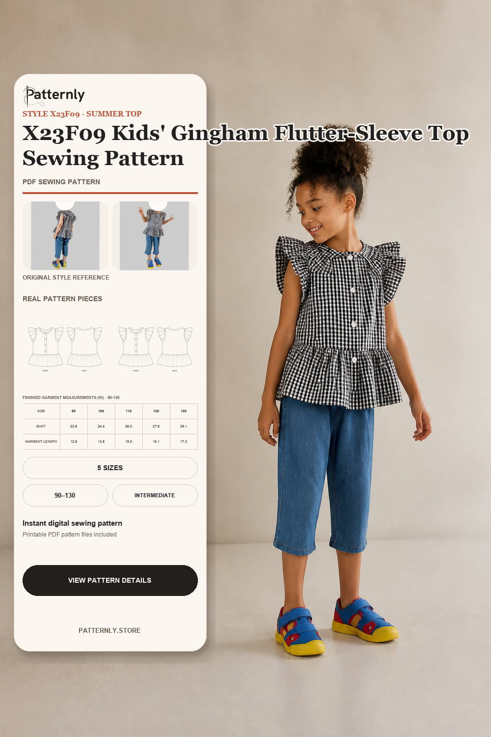 X23F09 Kids' Gingham Flutter-Sleeve Top Sewing Pattern XANGER-2023 cover