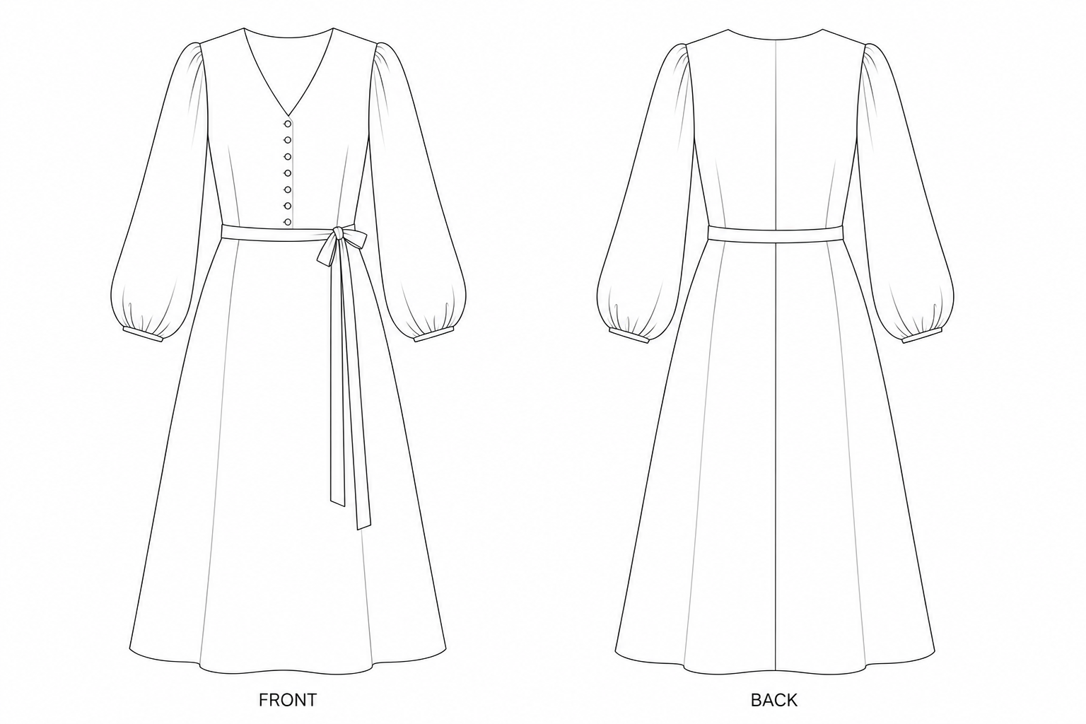 pattern-xq-018-zhihe-long-sleeve-dress front and back technical drawing