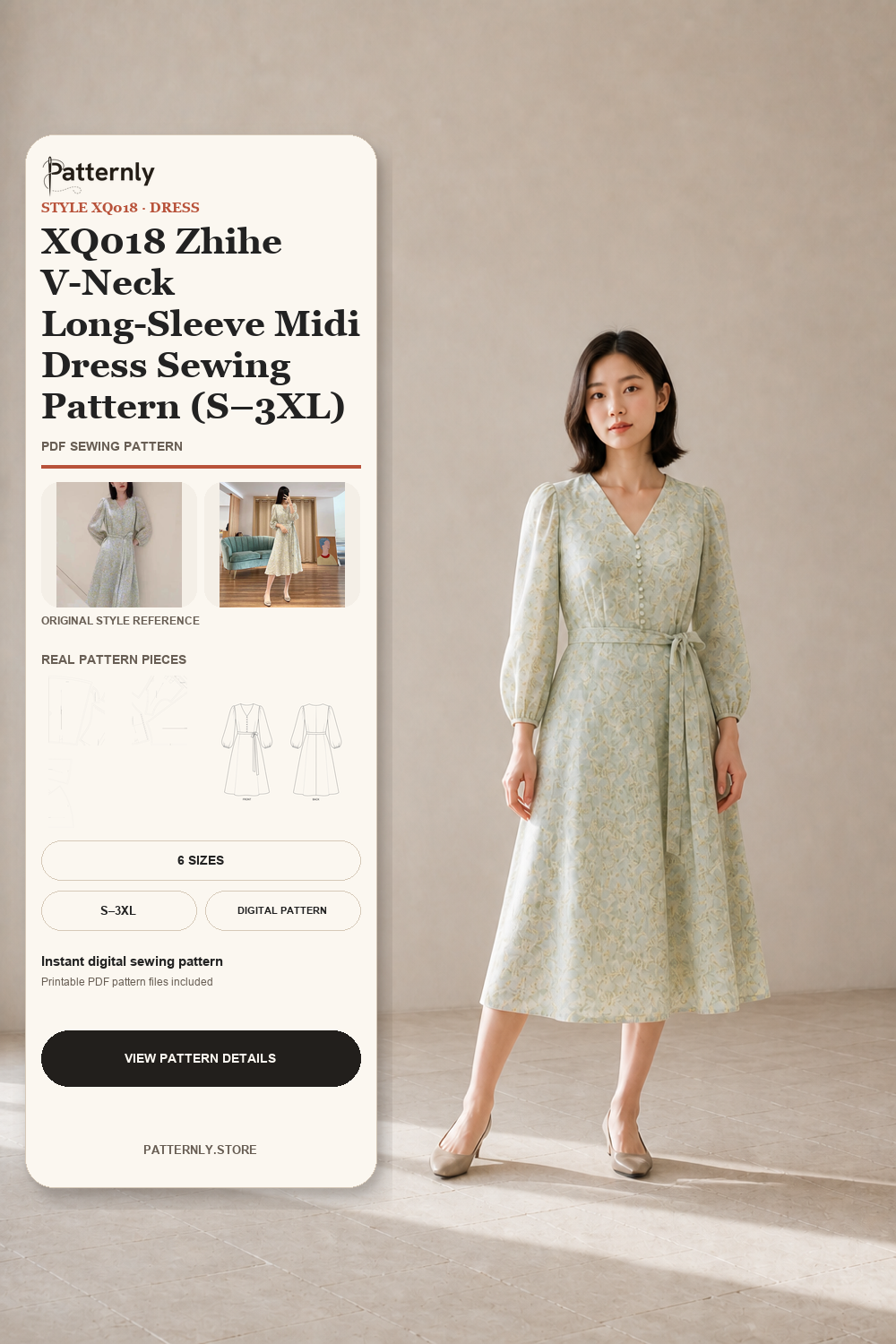 XQ018 Zhihe V-Neck Long-Sleeve Midi Dress Sewing Pattern (S–3XL) XQ-018 cover