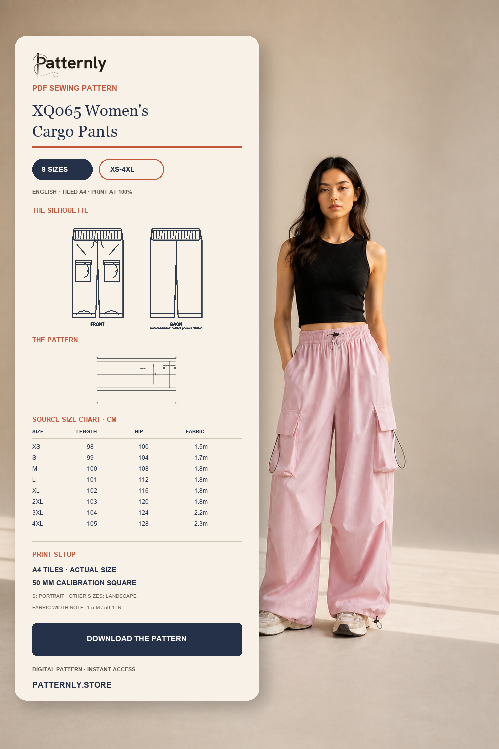 XQ065 女式阔腿工装长裤电子纸样（XS–4XL） cover