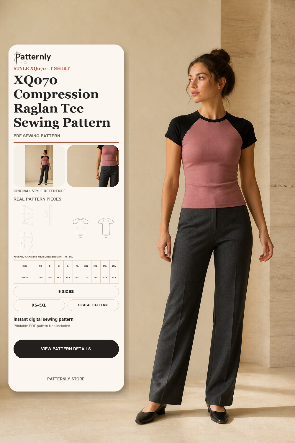 25-year-old woman wearing the dusty rose and black fitted short-sleeve raglan tee with XQ070 sewing-pattern card