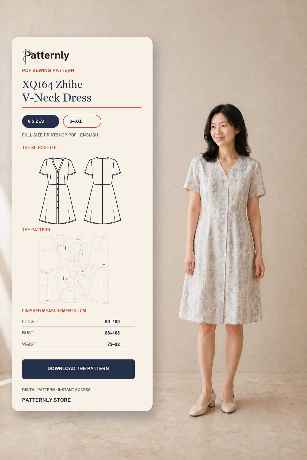 XQ164 Zhihe V-Neck Button-Front Dress Sewing Pattern (S–3XL) XQ-164 cover