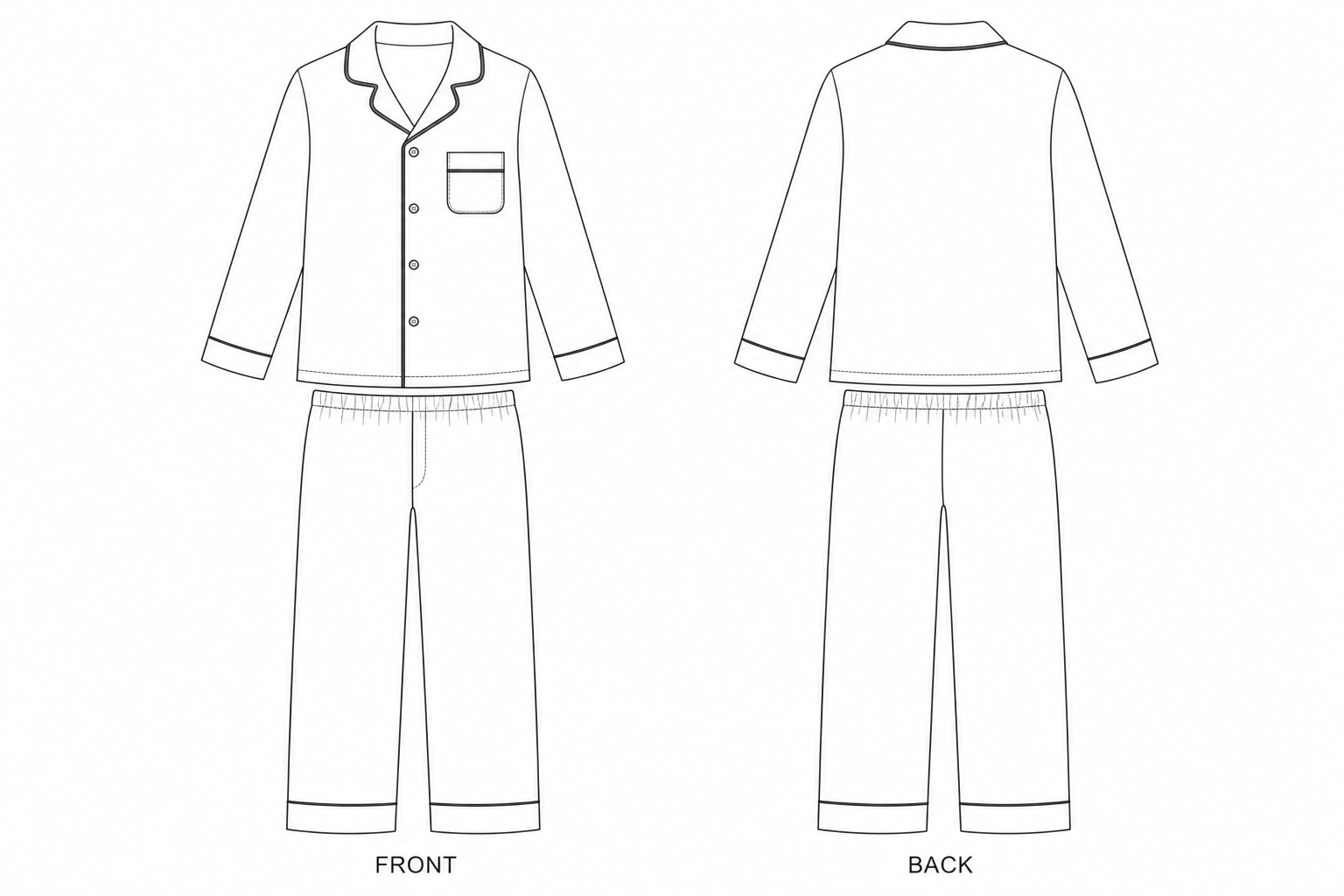 Y-114 Sewing Pattern | Kids Classic Pajama Set front and back technical drawing