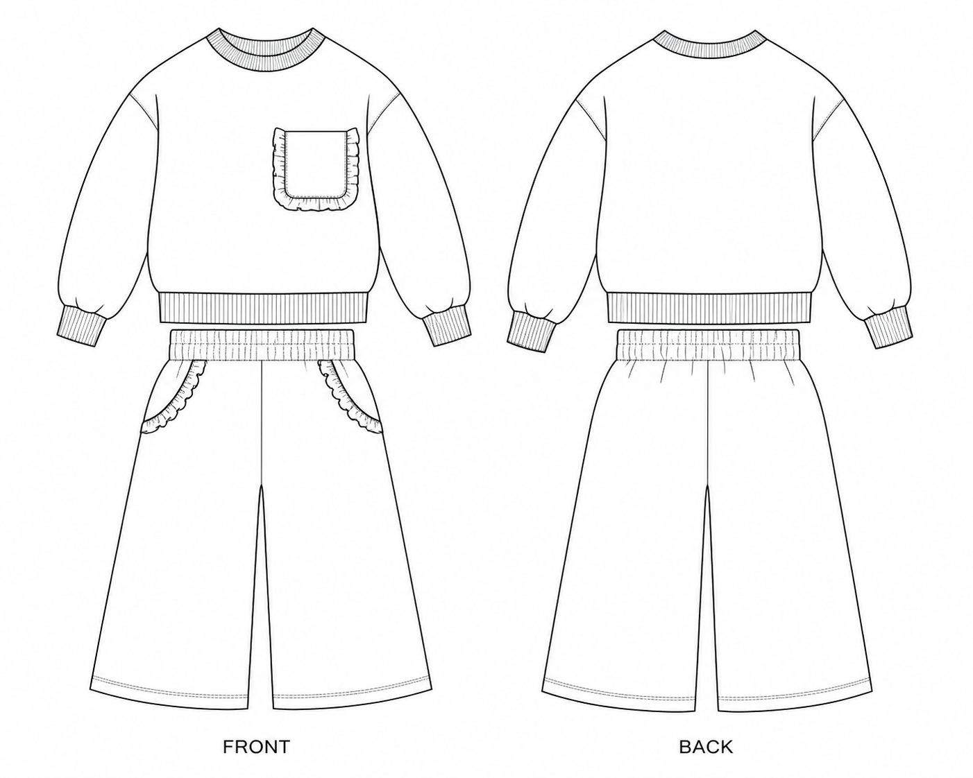 Y-118 Set Sewing Pattern front and back technical drawing
