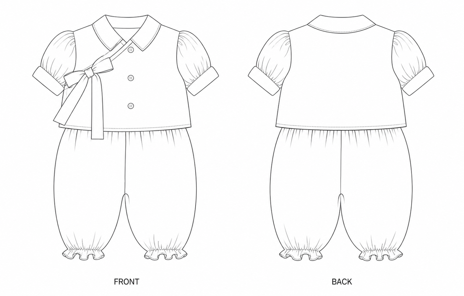 Y-220 Set Sewing Pattern front and back technical drawing