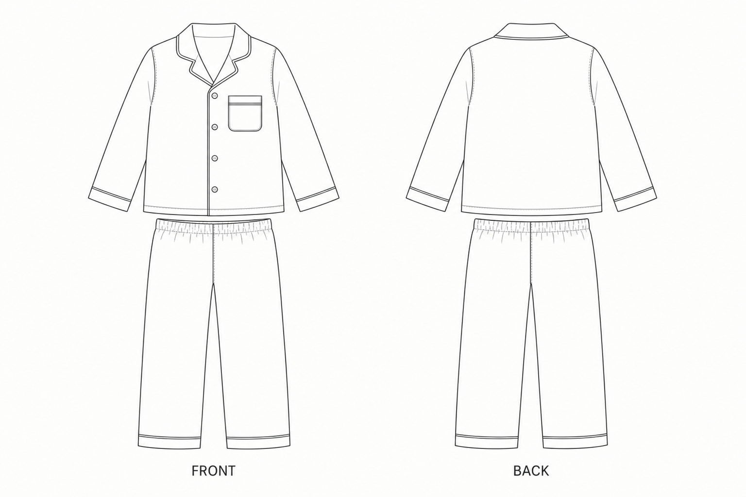 Y-284 Sewing Pattern | Kids Elephant Print Pajama Set front and back technical drawing