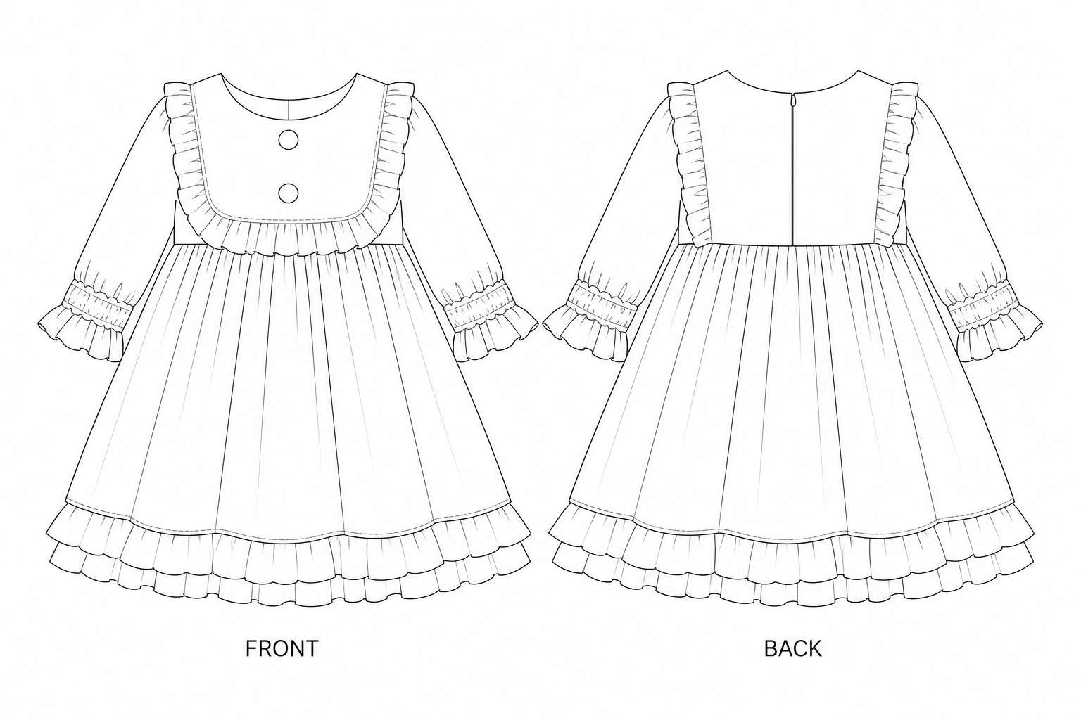 Y-314 Girls' Dress Sewing Pattern | Red Vintage Lolita Dress front and back technical drawing
