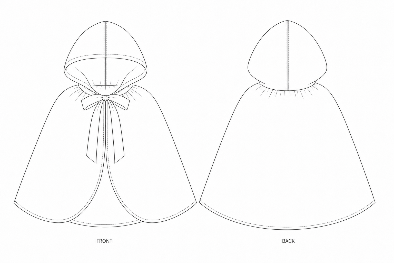 Y-353 Cape Sewing Pattern | Kids' hooded storybook cape front and back technical drawing