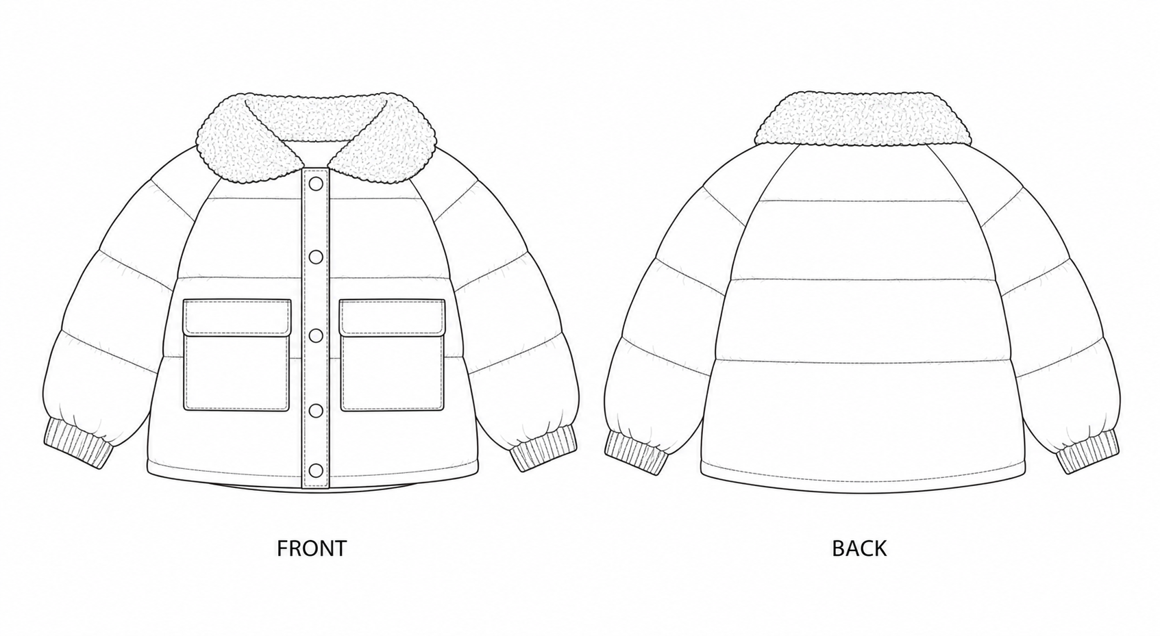 Y-375 Sewing Pattern | Kids Teddy Collar Puffer Jacket front and back technical drawing