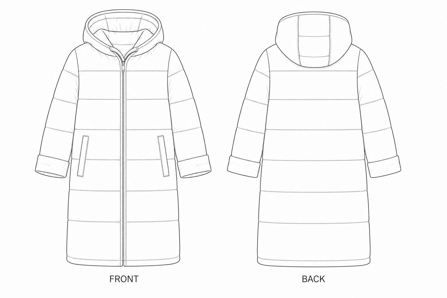 Y-377 Coat Sewing Pattern front and back technical drawing