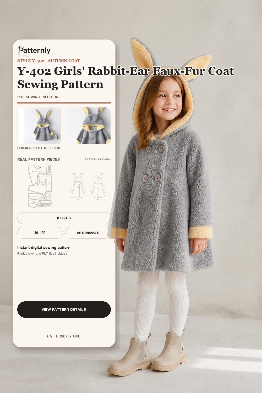 Y-402 Girls' Rabbit-Ear Faux-Fur Coat Sewing Pattern cover