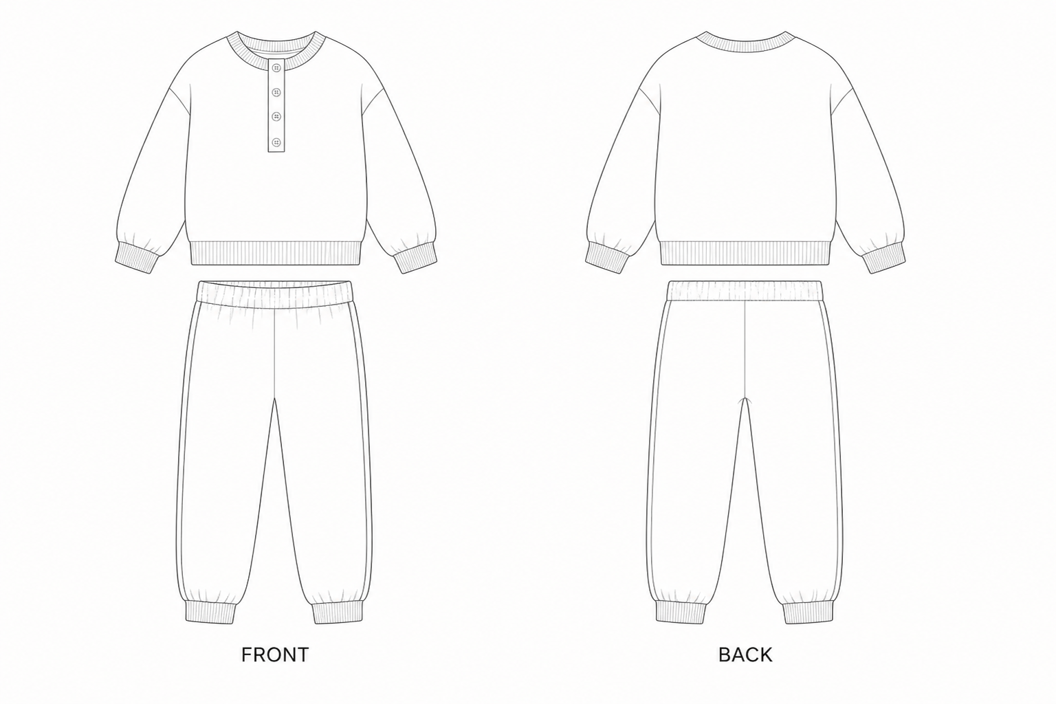 Y-437 Set Sewing Pattern | Kids Henley Sweatshirt and Jogger Set front and back technical drawing