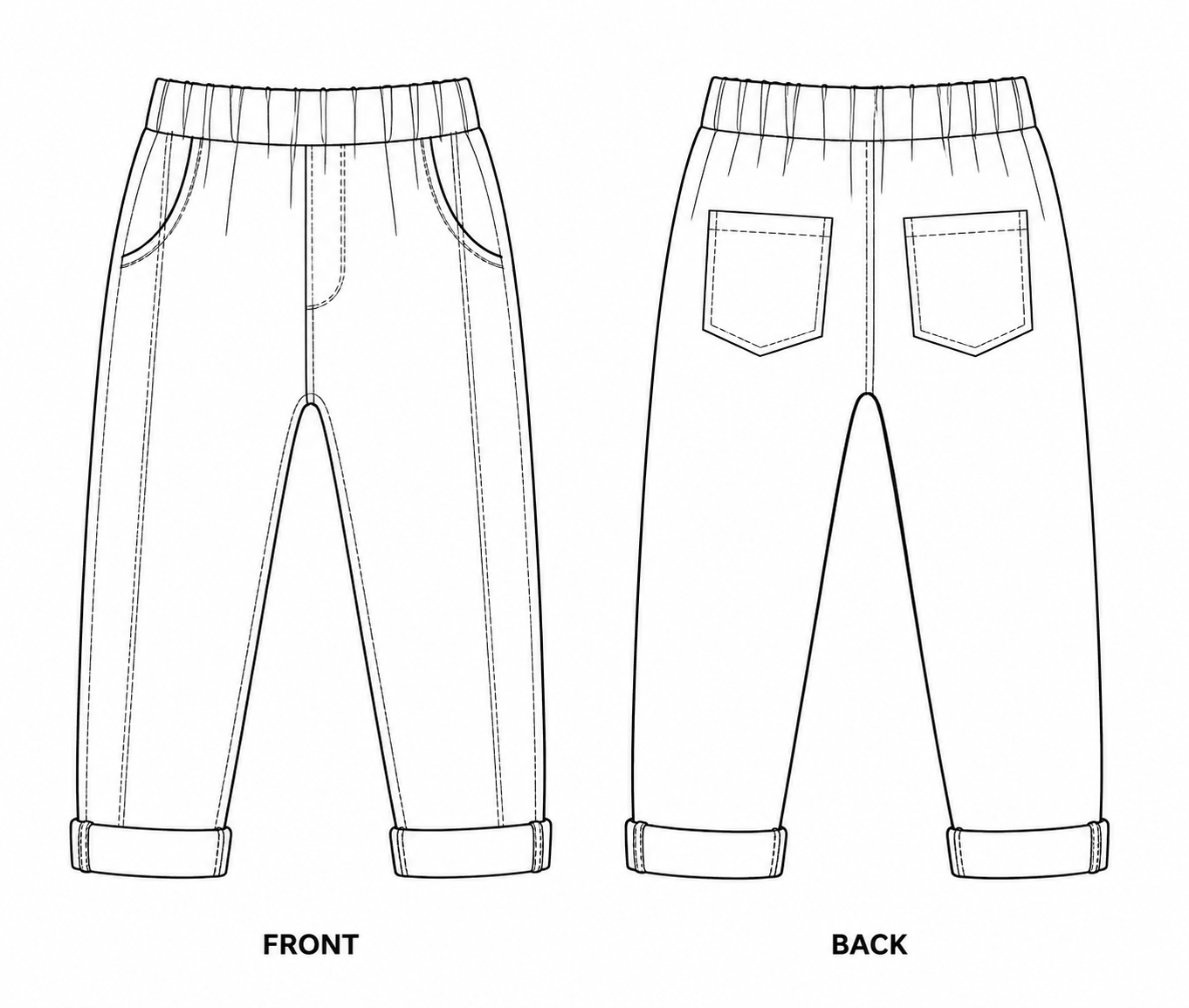 Y-450 Pants Sewing Pattern front and back technical drawing