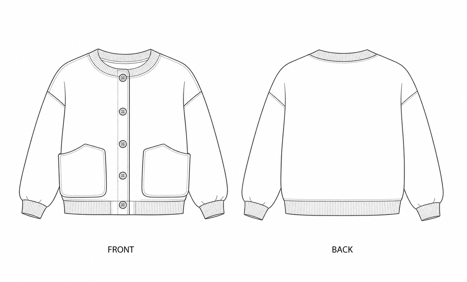 Y-598 Sewing Pattern | Kids Collarless Pocket Cardigan front and back technical drawing