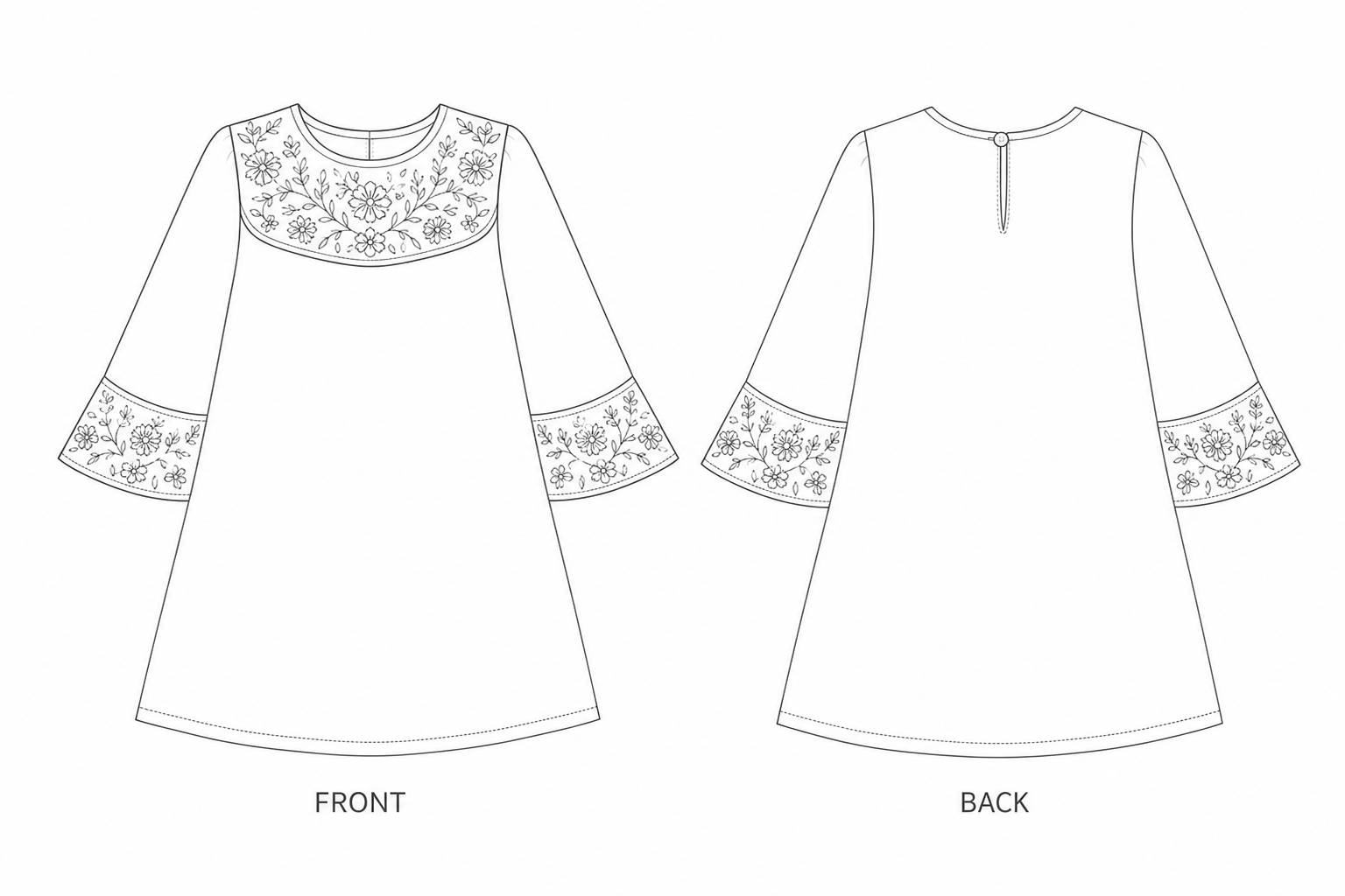 Y-661 Traditional Wear Sewing Pattern front and back technical drawing
